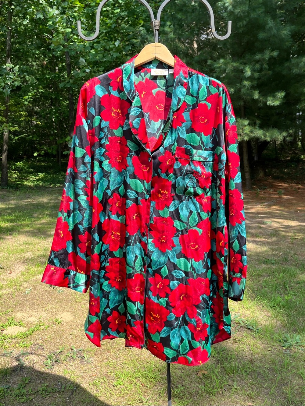 90s Victoria’s Secret Gold Tag Satin Floral Button-Up Pajama Shirt Glam Retro - Picture 14 of 15